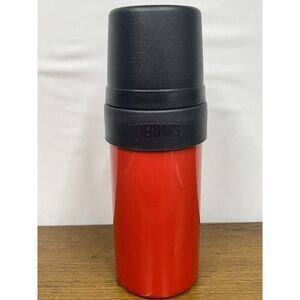 Thermos 1 Quart Stainless‎ Steel Bottle Red and Black  11" tall EUC W/Lid Cup